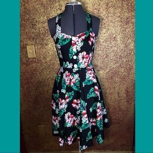 Retro Pinup Style Tropical Print Halter Dress